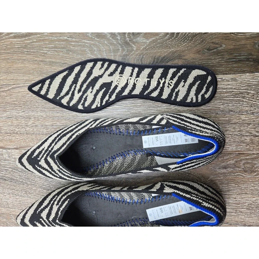 Rothy's The Point Flats Black Cream Zebra Print Women's Size 8
